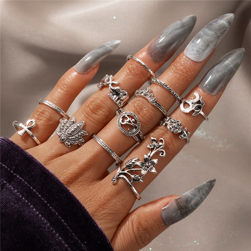 Aveuri Vintage Silver Color Rings for Women Rose Flower Elephant Finger Midi Knuckle Bohemia Jewelry