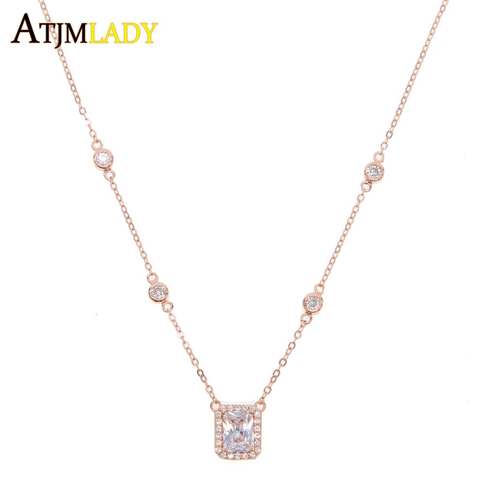 AVEURI New Rose Gold Color  Metal Fine Wedding Jewelry Sparking Bling Square Cubic Zirconia Cz Elegant Necklace