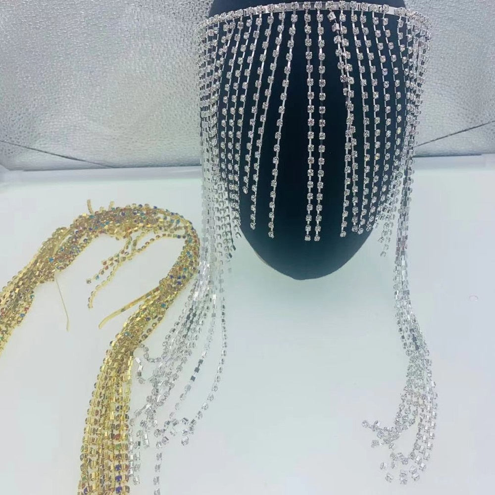 Aveuri Luxury Rhinestone Long Tassel Wedding Forhead Headband Hair Hoop Jewelry For Women Bling Crystal Bang Head Chain Hair Jewelry