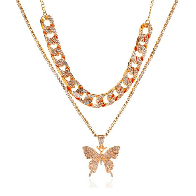 LATS Punk Cuban Double Layer Big Butterfly Pendant Necklace Full Rhinestone Gold Color Choker Thick Chain Necklace Women Jewelry