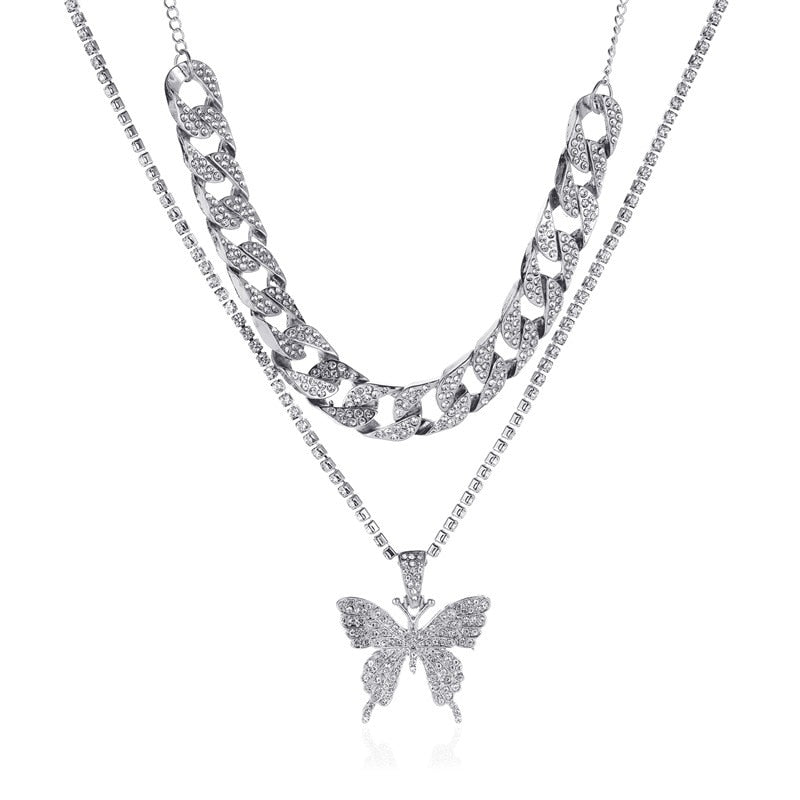 LATS Punk Cuban Double Layer Big Butterfly Pendant Necklace Full Rhinestone Gold Color Choker Thick Chain Necklace Women Jewelry