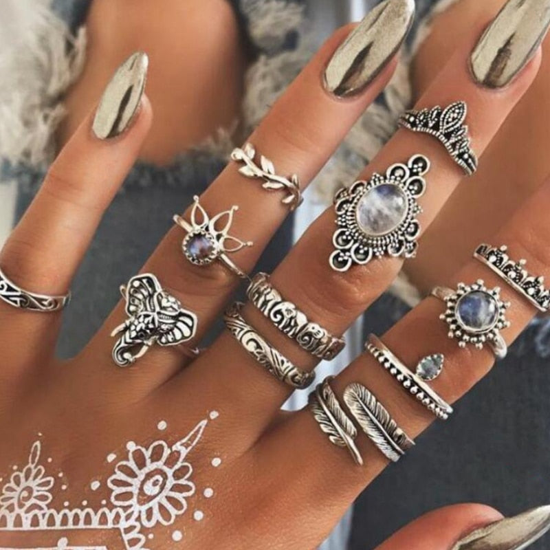 Tocona Bohemian Women's Antique Silver Color Rings Boho Indian Jewelry Vintage Midi Knuckle Ring Set Finger bijoux Femme