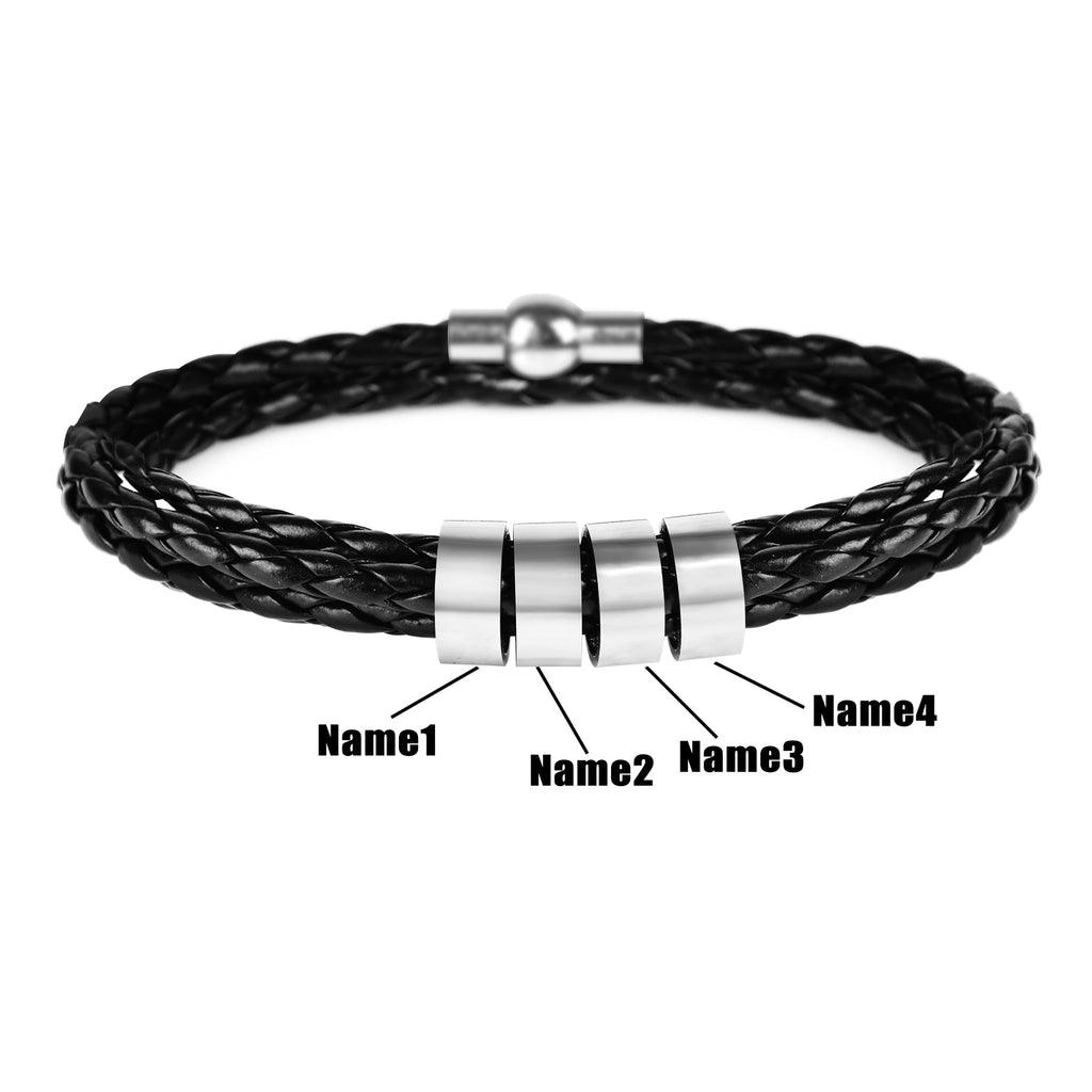 Christmas Gift Personalized Mens Braided Genuine Leather Bracelet Stainless Steel Custom Beads Name Charm Bracelet for Men with Family Names