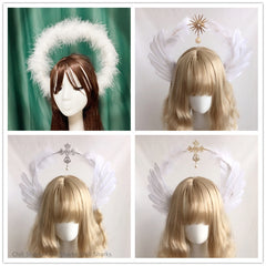 Retro Lolita Notre Dame's Halo Cross Angel's Feather Wing Headband White Feather Virgin Mary Gothic Cosplay Baroque Headwear