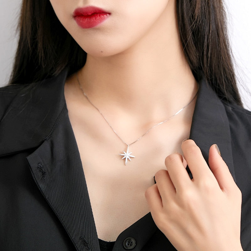 Sweet Fashion Wild Shooting Star Shines Single Eight-pointed Star Necklace 925 Sterling Silver Temperament Women Clavicle Chain
