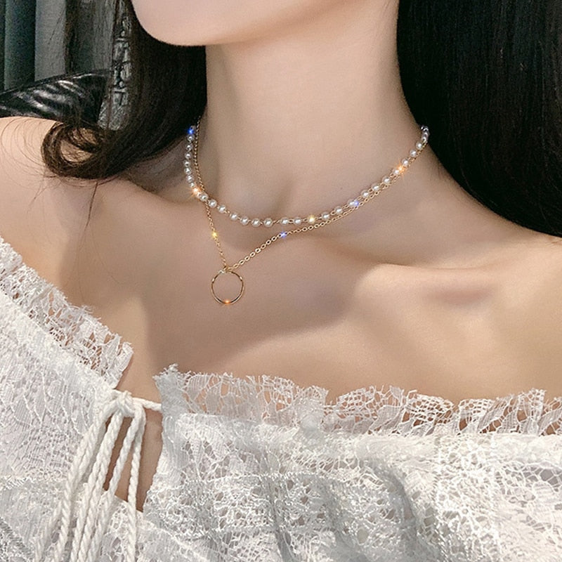 LATS 2023 New Fashion Kpop Pearl Choker Necklace for Women Cute Double Layer Round Chain Pendant Necklaces Jewelry Girl Gift