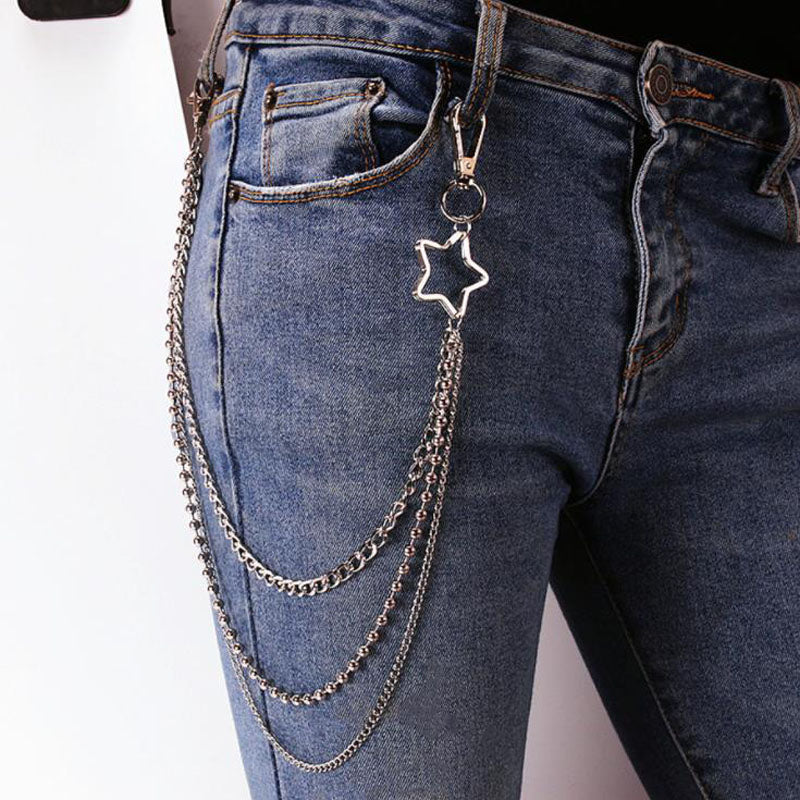 Punk Multi-layer Chain Jeans Pants Keychain Women Pentagram Pendant Keychains Unisex Egirl Harajuku Goth Aesthetic Accessories