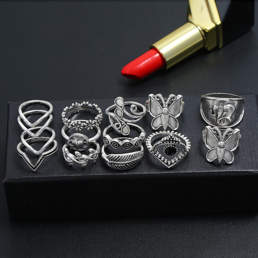 Aveuri  14pcs/sets Bohemian Butterfly Black Rhinestone Rings Sets for Women Men Elephant Leaf Heart Wave Joint Ring 14562