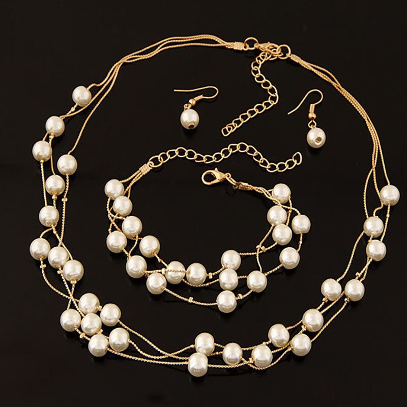 Vintage Simulated Pearl Jewelry Sets for Women 2023 Fashion Flower Statement Necklace and Earring Set Wedding Party Accessories