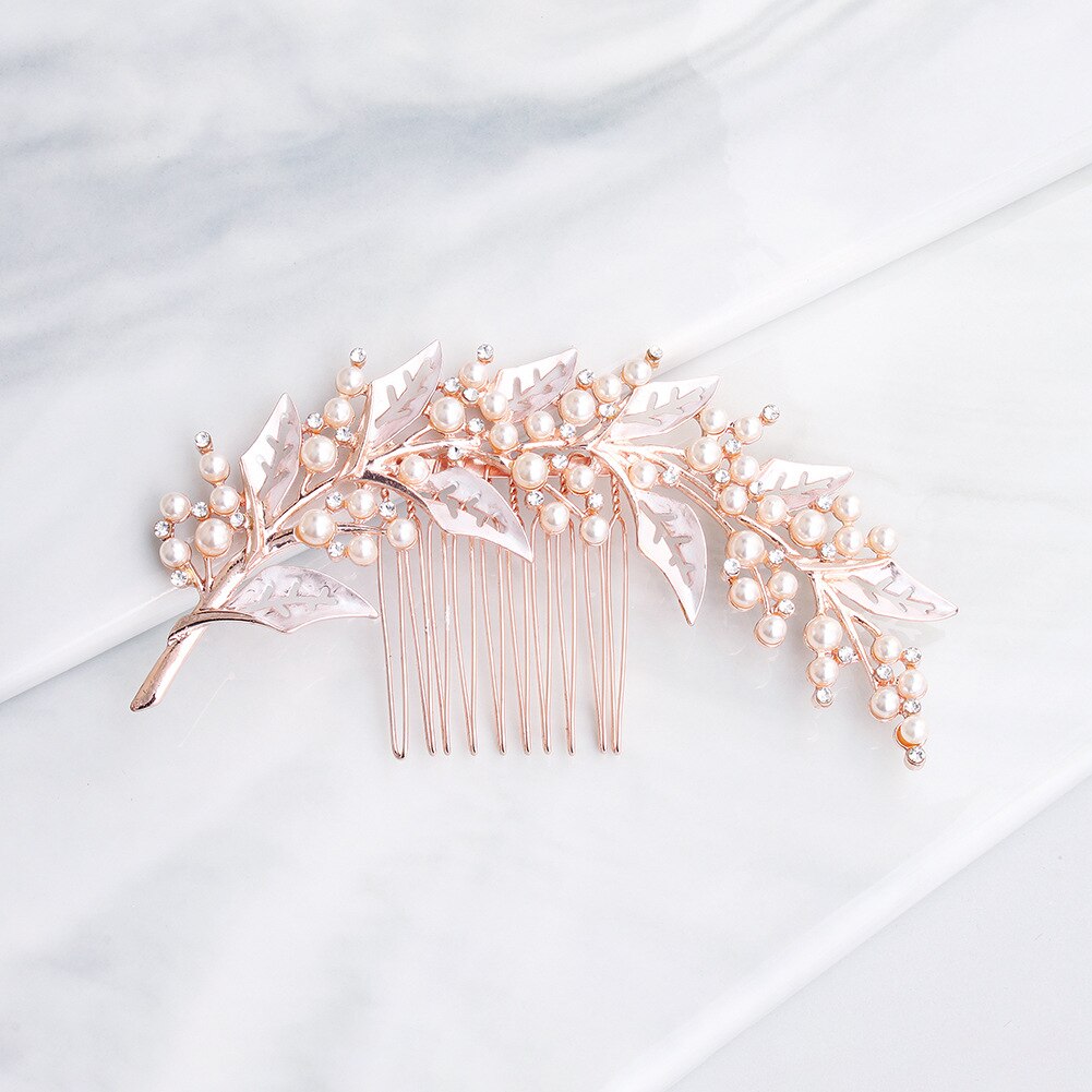 Aveuri Handmade Wedding Hair Combs Tiara Leaf Beads Rhinestone Crystal Headdress Prom Bridal Wedding Hair Accessories Head Jewelry