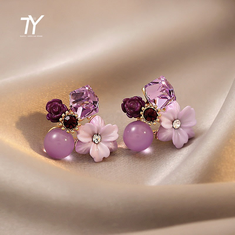 Christmas Gift Noble Purple Crystal Flower Stud Earrings For Woman 2023 Korean Fashion Jewelry Wedding Party Girl's Elegance Set Accessories