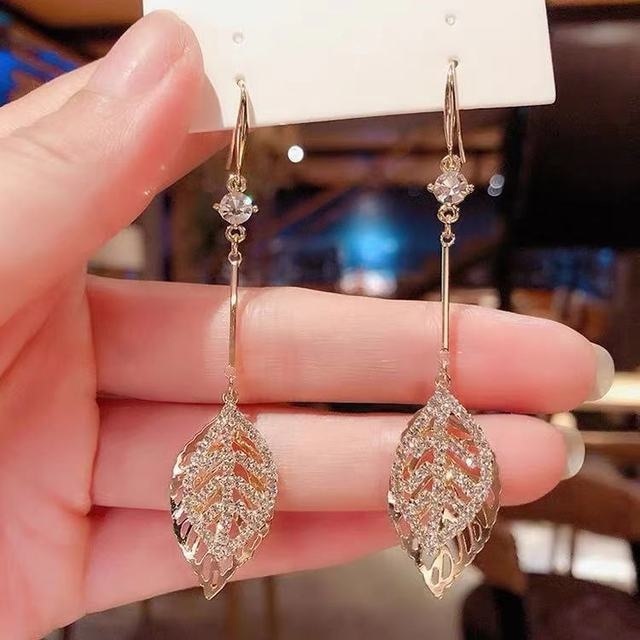 Luxury Crystal Leaf Earrings for Women Fashion Cubic Zircon Long Earrings Wedding Jewelry Drop Earring Vintage Gold Jewelry