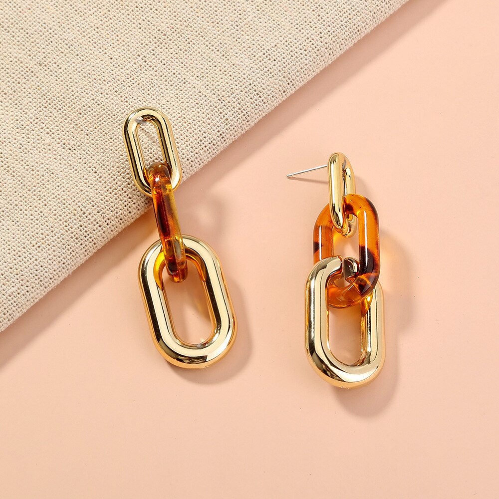 LATS Korea Cuba Bright Gold Color Exaggerated Metal Chain Drop Earrings for Women Retro Punk Chain Earring Vintage Jewelry Gift