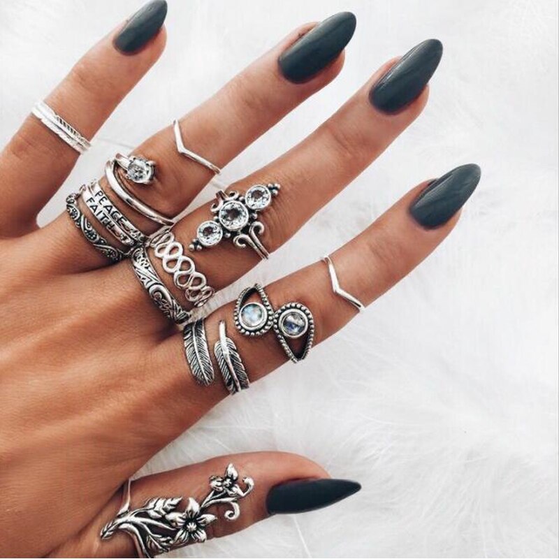 Tocona Bohemian Women's Antique Silver Color Rings Boho Indian Jewelry Vintage Midi Knuckle Ring Set Finger bijoux Femme