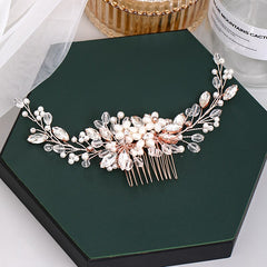 Aveuri Fashion Rose Gold Wedding Hair Comb Flower Tiara Handmade Pearl Rhinestone Headdress Prom Bridal Hair Jewelr Accessories