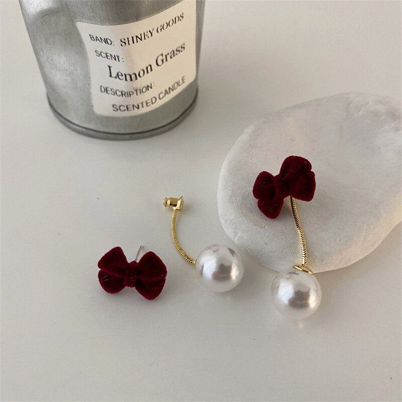 Aveuri 2023 New Fashion Vintage Wine Red Plush Bowknot Ring Earring Personality Simple Autumn And Winter All-Match Jewelry For Women Girls