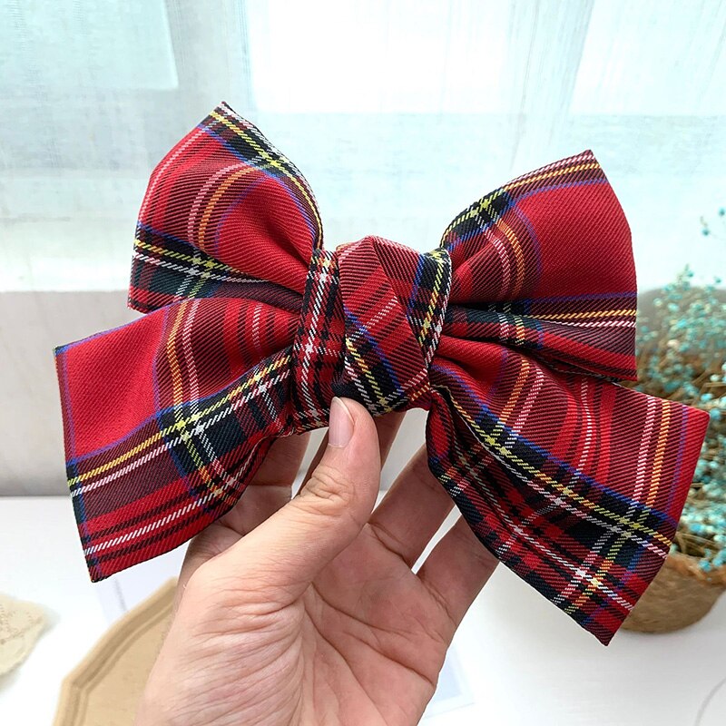Aveuri Back to school Red Plaid Fabric Bowknot French Hair Clips Christmas Top Head Ponytail Hairpin Girls School Party Headwear Hairgrip Xmas Hairbow
