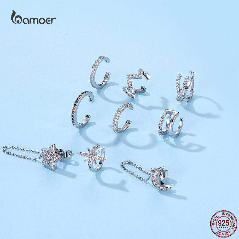 Bamoer Genuine  Mono-Studs Earrings Clips for Women Circle Exquisite Zircon Wedding Party Jewelry Gifts