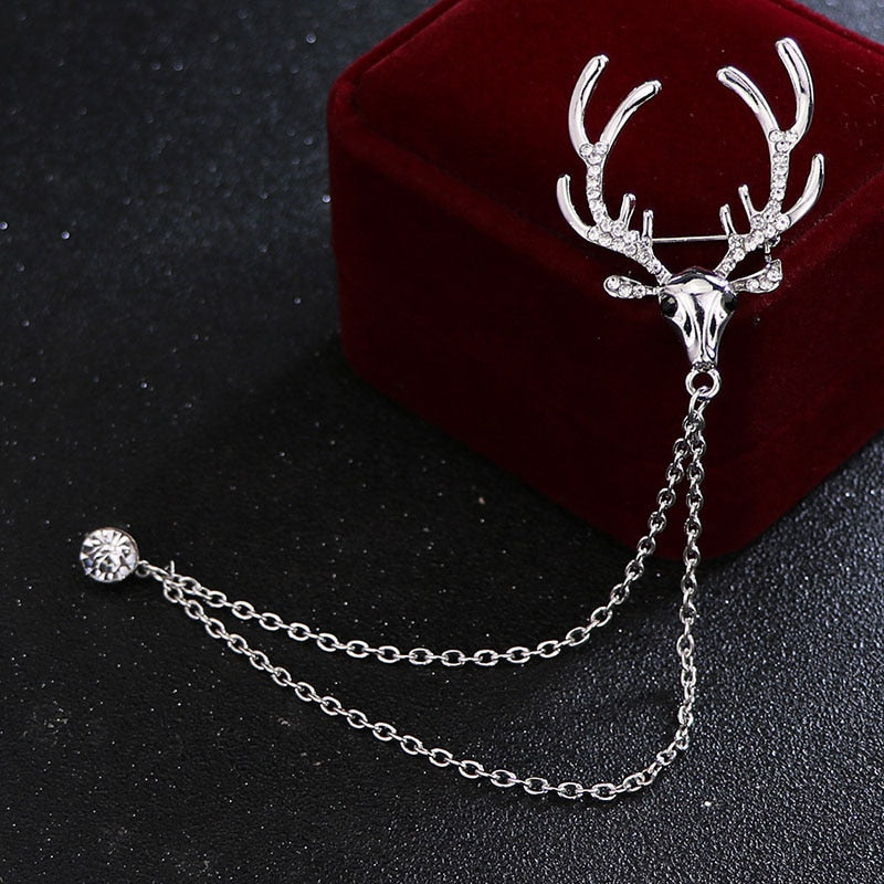 HUISHI Trendy Brooches Reindeer Crown chain Brooch Fashion Metal Cross Dragon Crystal Chain Tassel Badge Pin Collar Accessory