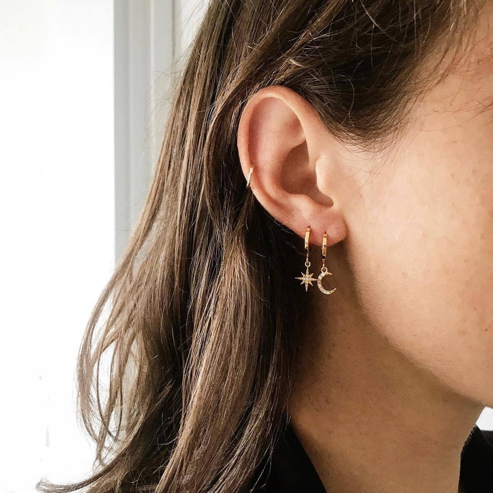 Christmas Gift 2023 New Fashion Korean Classic Women Geometric Dangle Earrings Asymmetric Earrings Of Star And Moon Jewelry Gifts