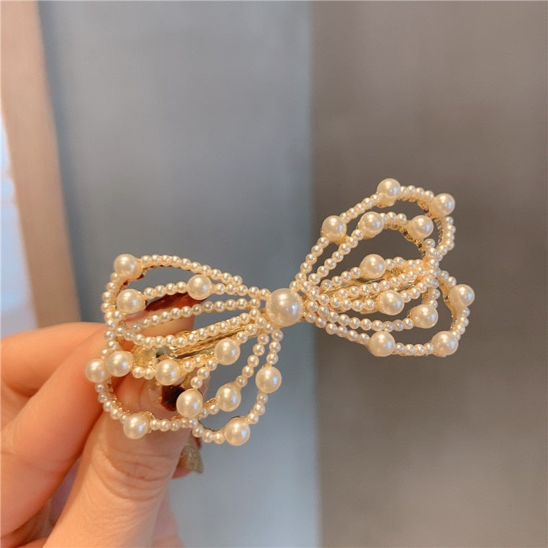 Aveuri 2021 New Headdress Pearl Flower Spring Clip Multilayer Bow Hairpin Double Butterfly Net Red Clip Hairpin