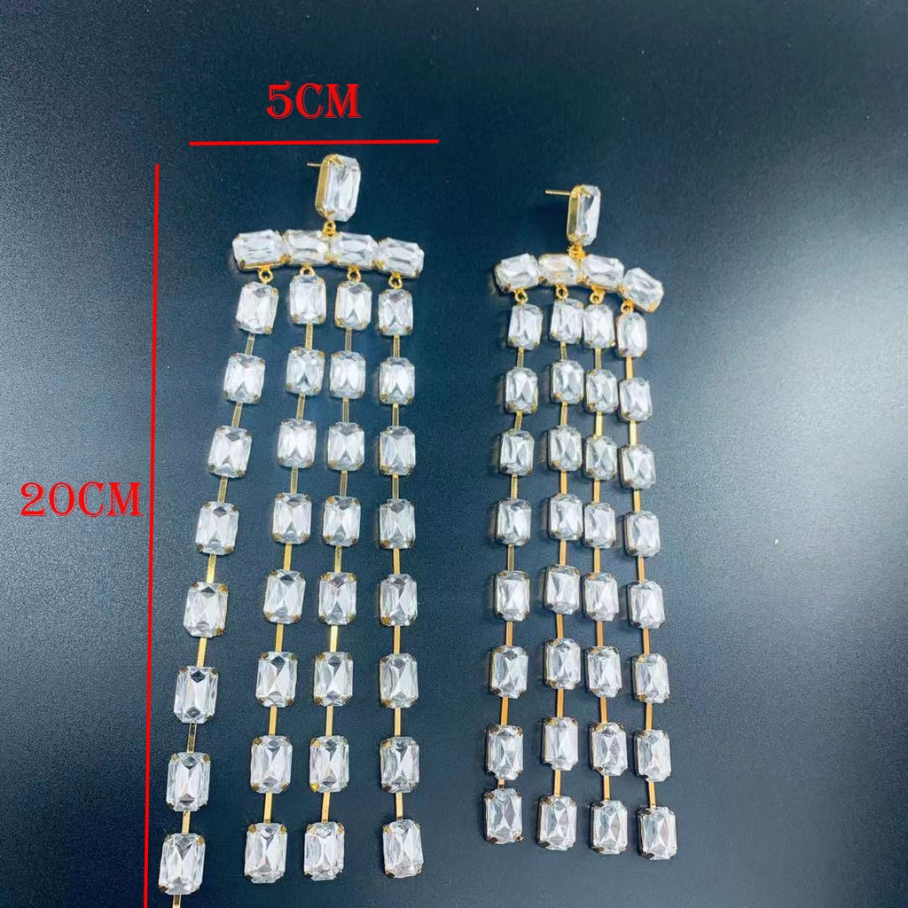 Aveuri Handmade Rhinestone Long Fringed Big Drop Earrings Accessories For Girl Oversize Crystal Hanging Dangle Earrings Wedding Jewelry
