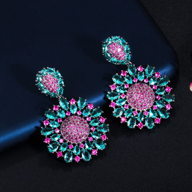 Christmas Gift Aesthetic Brazilian Hot Pink and Blue Cubic Zirconia Crystal Big Dangle Drop Flower Party Earrings for Women CZ701