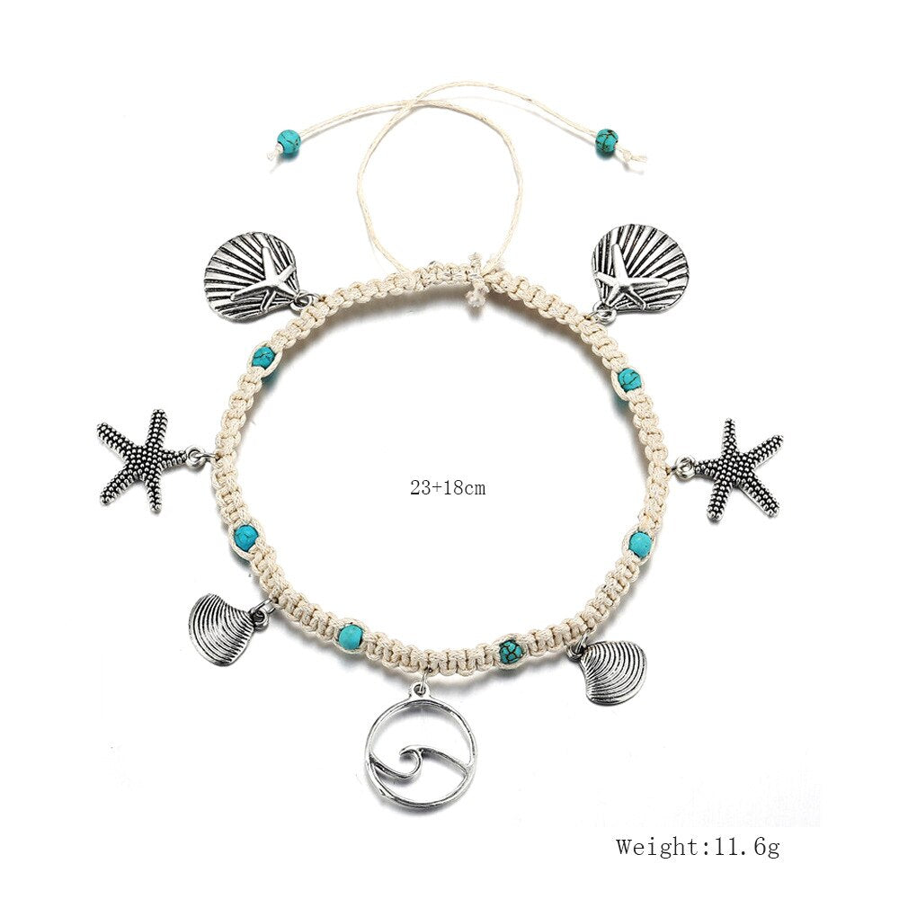 Bohemian Starfish Stone Anklets for Women Ethnic Wave Anklet Bracelet on Leg Holiday Beach Ocean Jewelry AM3082