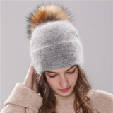 Christmas Gift new women's hat winter beanie knitted hat Angola Rabbit fur Bonnet girl 's hat fall female cap with fur pom pom