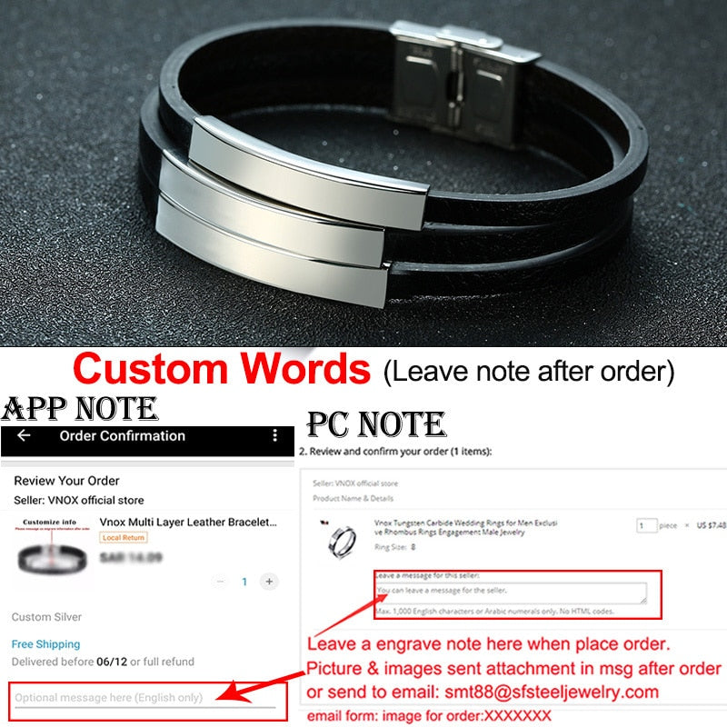 Vnox Multi Layer Leather Bracelets for Men Women Customizable Engraving Stainless Steel Casual Personalized Bangle