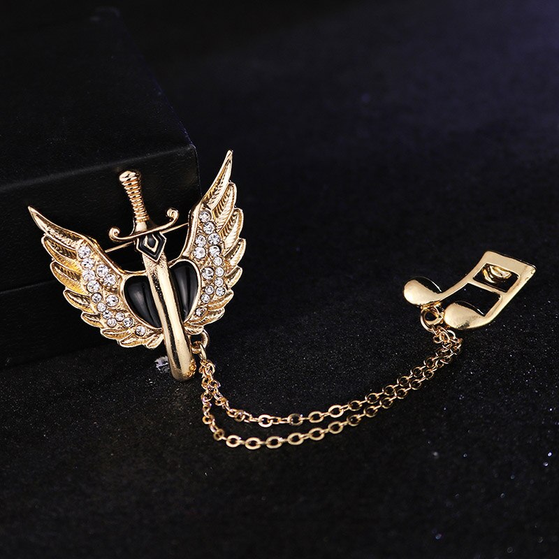 HUISHI Rhinestone Brooch Korean Luxury Rhinestone Music Note Brooch Guitar Tassel Chain Lapel Pins Men's Suit Buckle Pin For Men