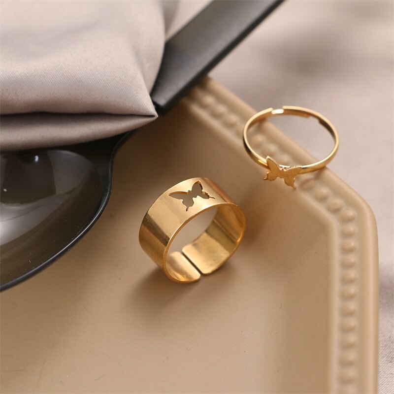 Christmas Gift EN Trendy Gold Butterfly Rings For Women Men Lover Couple Rings Set Friendship Engagement Wedding Open Rings 2024 Jewelry