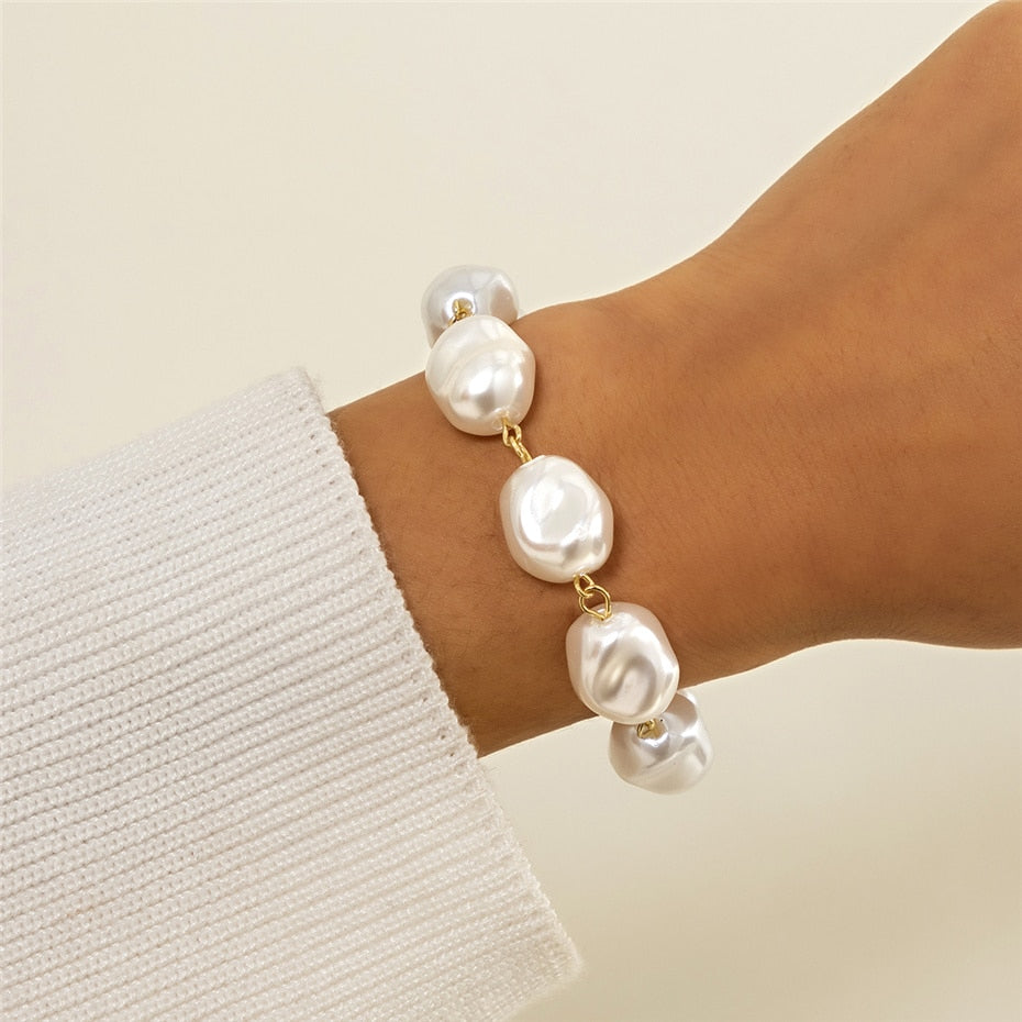 Aveuri High Quality Charm Imitation Pearl Bracelet Bangle For Women Armband Steampunk Lock Chunky Chain Bracelets Friend Couple Jewelry