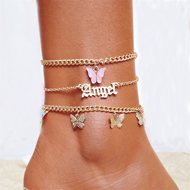 Christmas Gift EN Fashion Multilayer Cute Butterfly Anklets for Women Bohemian Simple Anklet Gold Color Chain Ankle Bracelet on Leg