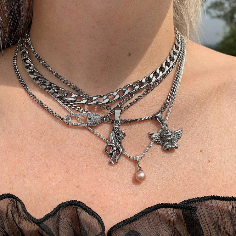 Aveuri Punk Imitation bead Devil Angel Pin bead Pendant Necklace for Women 2023 Multilayer Chain Choker Statement Collar