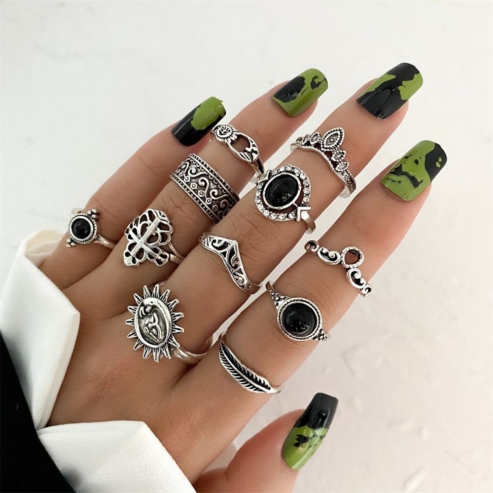 Aveuri 9Pcs Vintage Gothic Butterfly Angle Flower Multi Element Ring Set For Women Men Retro Personality Finger Ring Gifts