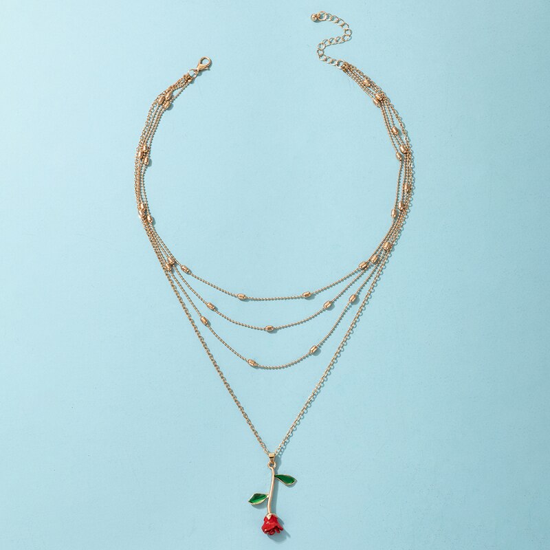 Tocona New Trendy Red Roseflowers Pendant Necklace for Women Charms Multi-layer Gold Chain Choker Party Jewelry Collar 16931