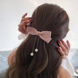 Aveuri 2022 Simple Design bead Tassel Flannel Bow Hairpin Handmade Fashion Design Spring Clip Chain Pendant Hairpin