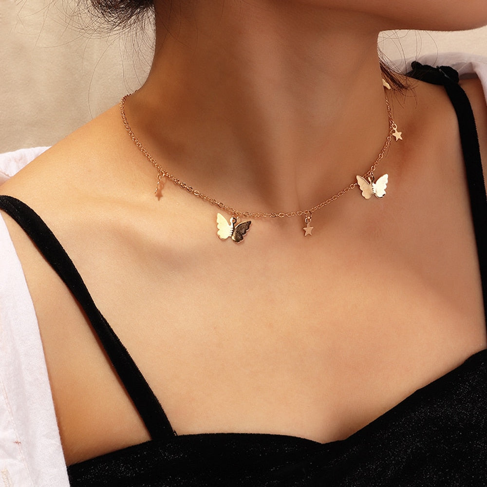 SUMENG New Fashion Small Animal Butterfly Stars Chain Necklaces Gold Silver Color Clavicle Chain Necklaces For Women Jewelry