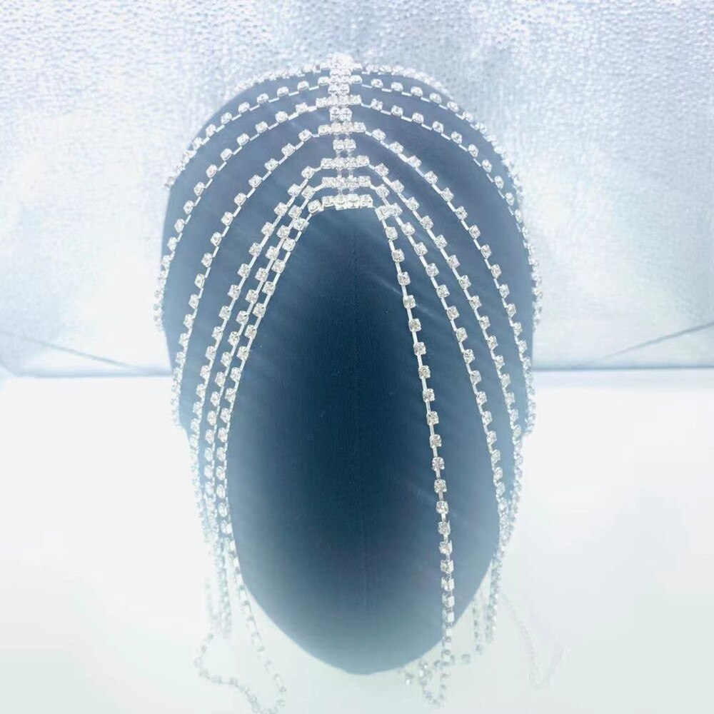 Aveuri Handmade Rhinestone Multi-Layers Tassel Head Chain Cap Bridal Hair Jewelry For Women Bling Crystal Hat Headpiece Hair Chain Acce