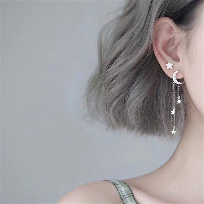 Christmas Gift Creative Moon Star Tassel Drop Earrings for Women Fashion Party Accessories Asymmetry Jewelry eh384