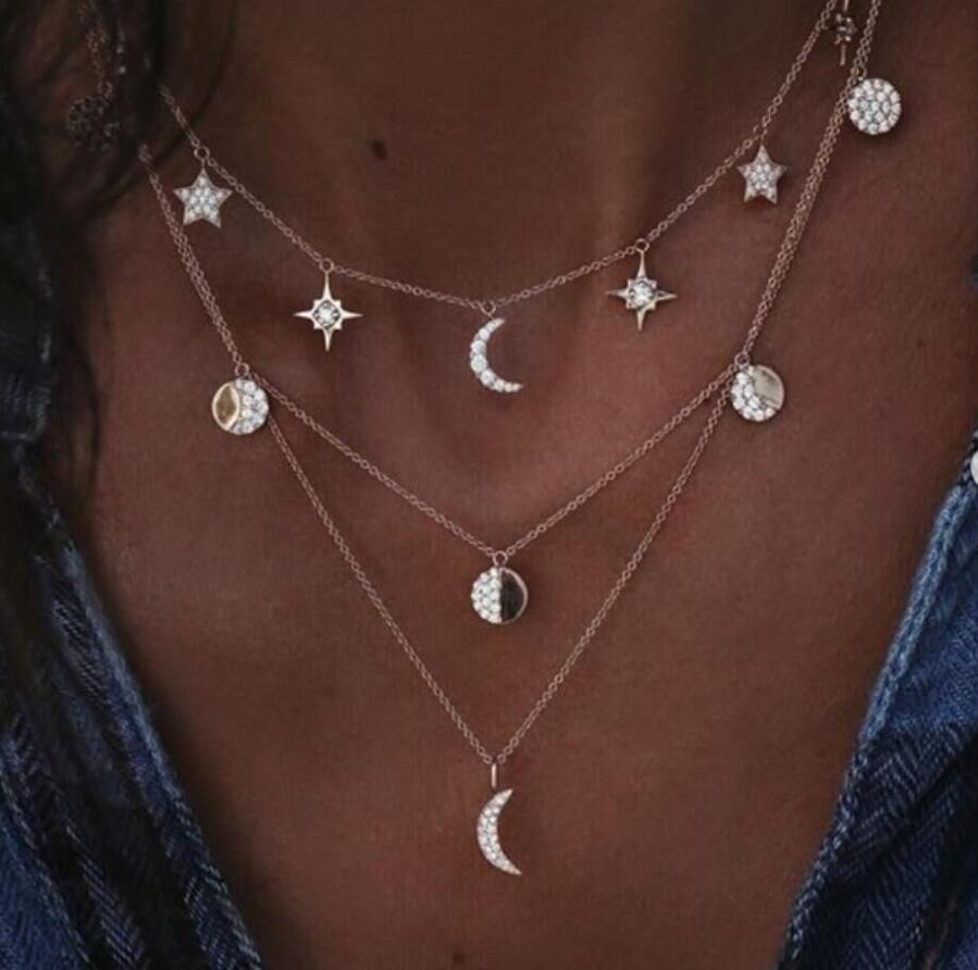 Vintage Multilayer Gold Necklaces for Women Kolye Fashion Moon Star Crystal Chain Necklaces & Pendants Boho Choker Jewelry 2023
