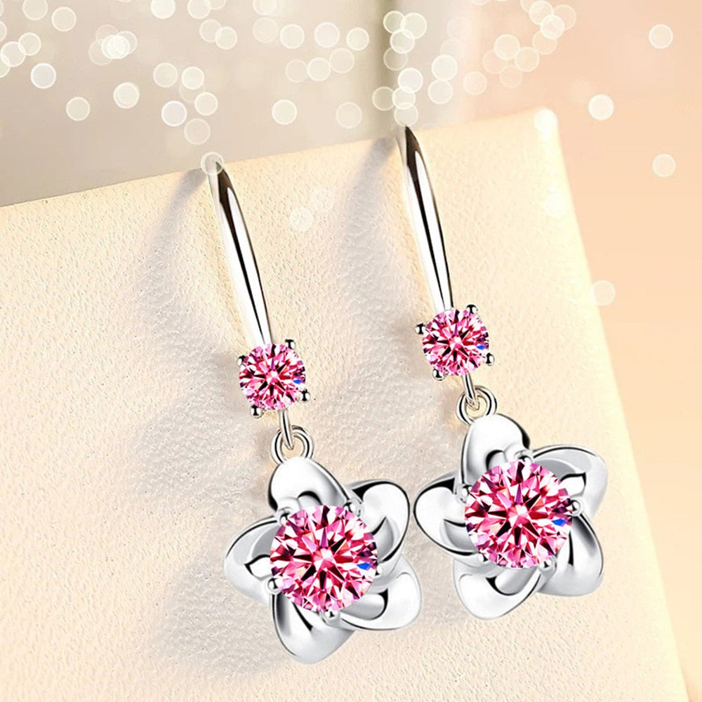Christmas Gift alloy new women's fashion jewelry pink blue white zircon long tassel flower hook type earrings