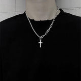 Aveuri 2023 Fashion Multilayer Silver Color Metal Chain Cross Necklace Couple Hip Hop Punk Geometric Pendant Necklaces For Women Men