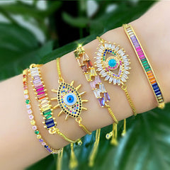 Aveuri 2023 Classic Turkish Evil Eye Rainbow Rhinestone Bracelet For Women Luxury Zircon Hamsa Bracelet Wrist Charm Female Jewelry