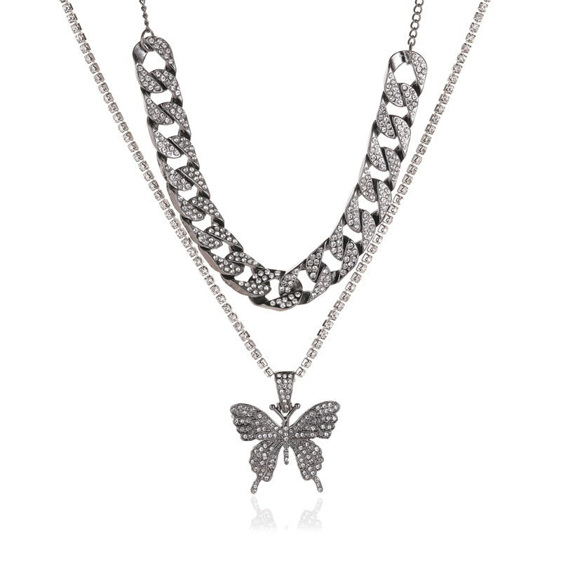 LATS Punk Cuban Double Layer Big Butterfly Pendant Necklace Full Rhinestone Gold Color Choker Thick Chain Necklace Women Jewelry