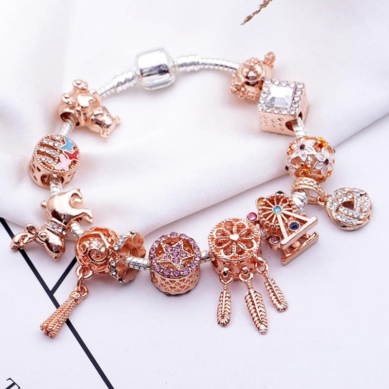 Aveuri High Quality Rose Gold Crystal Charm Bracelets For Women With Pink Leaves Bracelets & Bangles Fashion Jewelry Gift Dropshipping