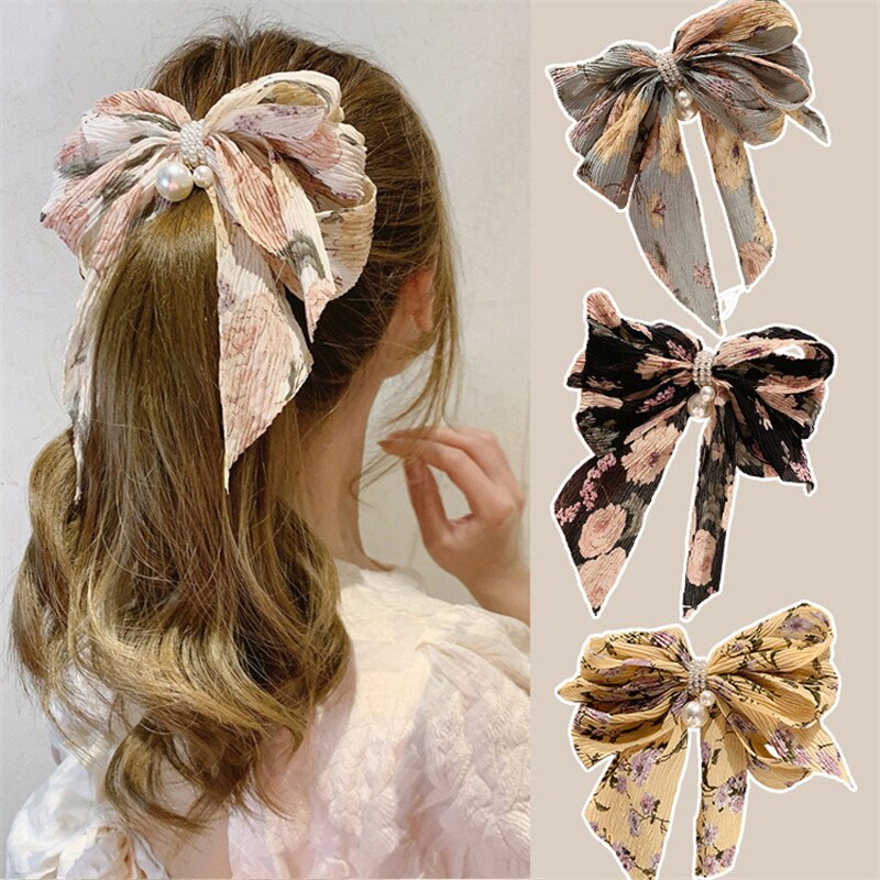 Aveuri 2022 Handmade Big Bow Folds Pearl Steel Clip Spring Clip Sweet Small Floral Top Clip Super Fairy Hair Clip Headdress Female