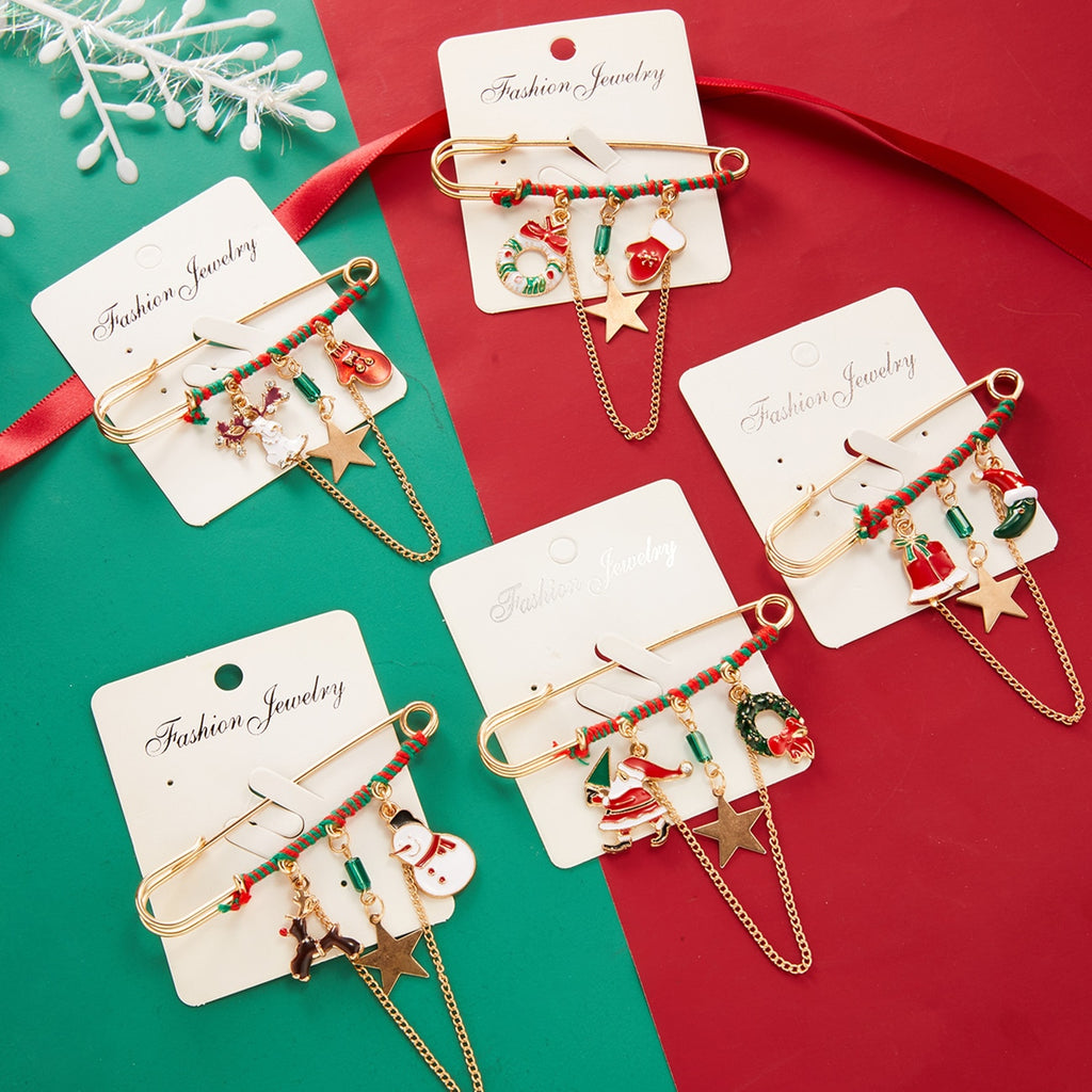 Christmas Gift Christmas Long Pins Star Tassel Chain Brooch Xmas Tree Glove Wreath Gift Box Elk Santa Claus Brooches for Women Kid Coat Jewelry