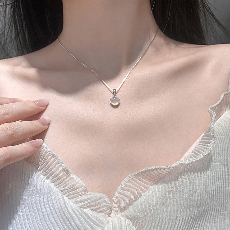 S925 Sterling Silver White Round Pendant Necklaces Luxury Women Fine Jewelry Clavicle Chain Short Necklace